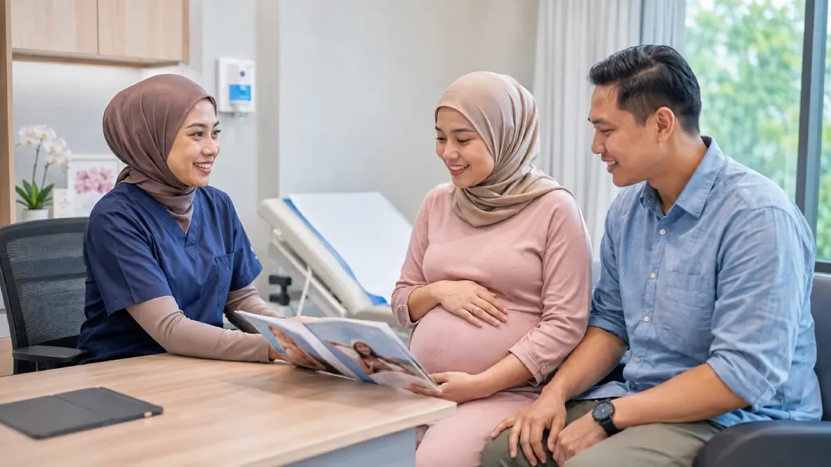 Healthcare professional supporting an expectant mother during an antenatal visit