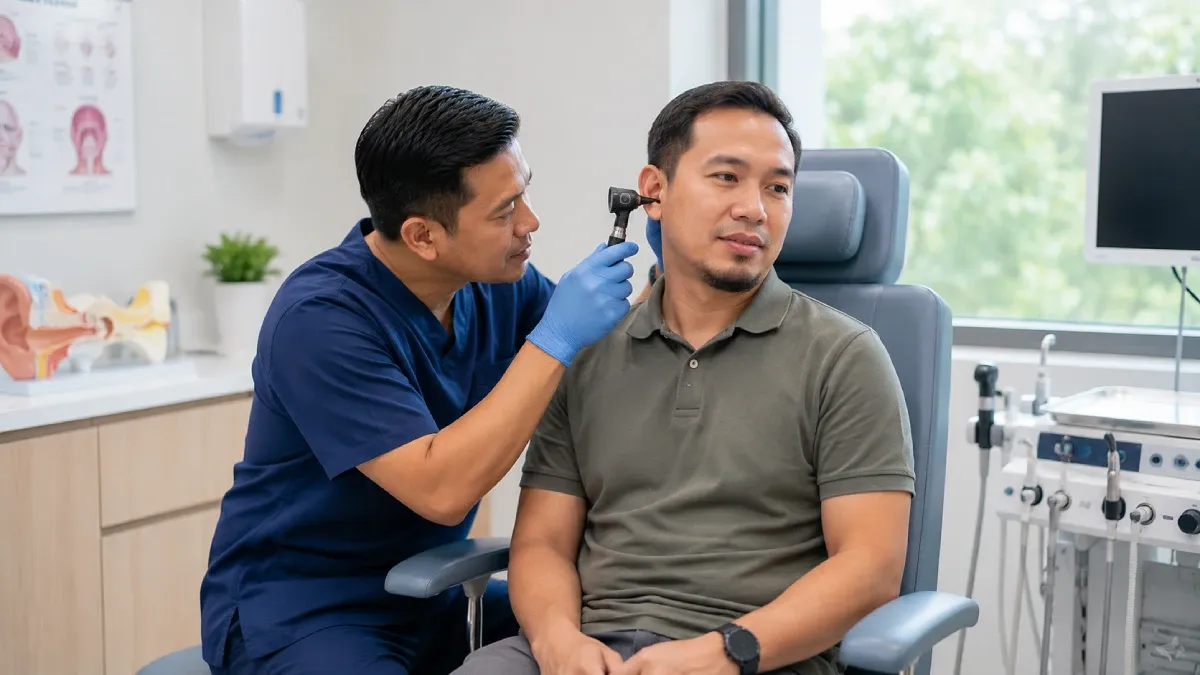 ENT specialist examining a patient's ear with an otoscope