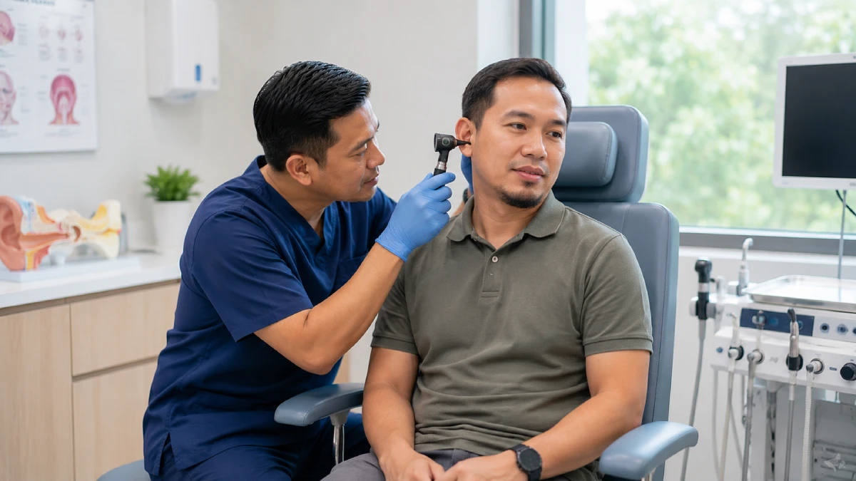 ENT specialist examining a patient's ear with an otoscope