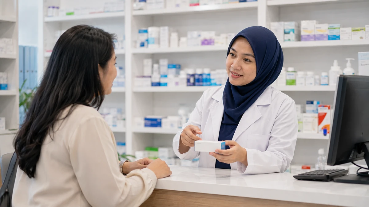 Pharmacist advising a patient at the pharmacy counter